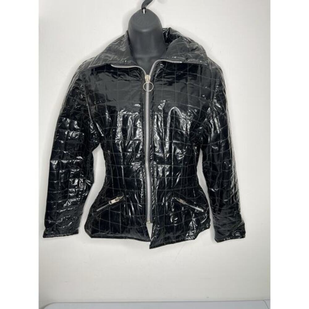 Vintage Wippette by Kenn Sporn Black Quilted Vinyl Zip Front Jacket Size Small